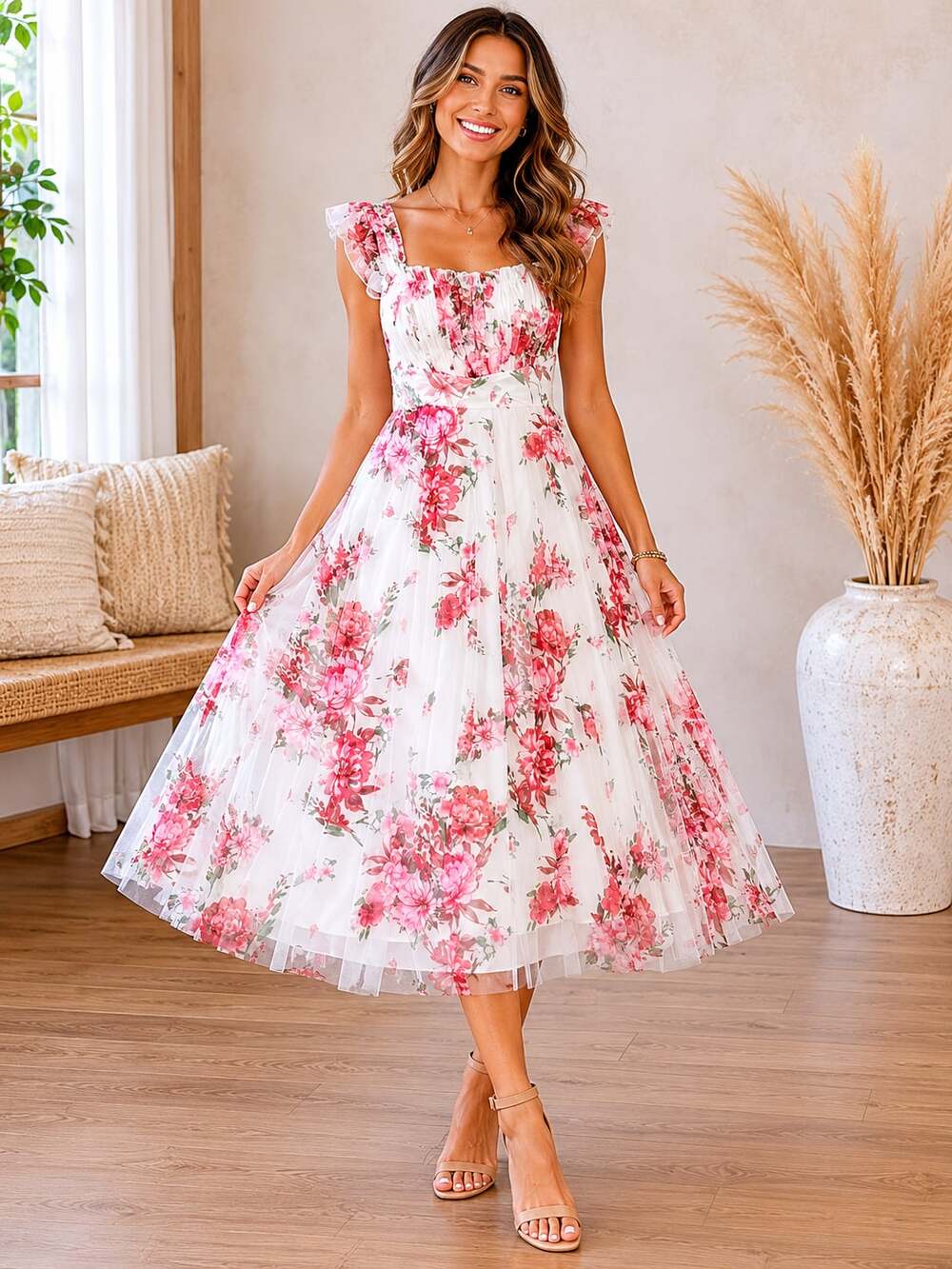 Lovely Grace Floral Tulle Midi Dress M Pink Romantic Cottagecore Party